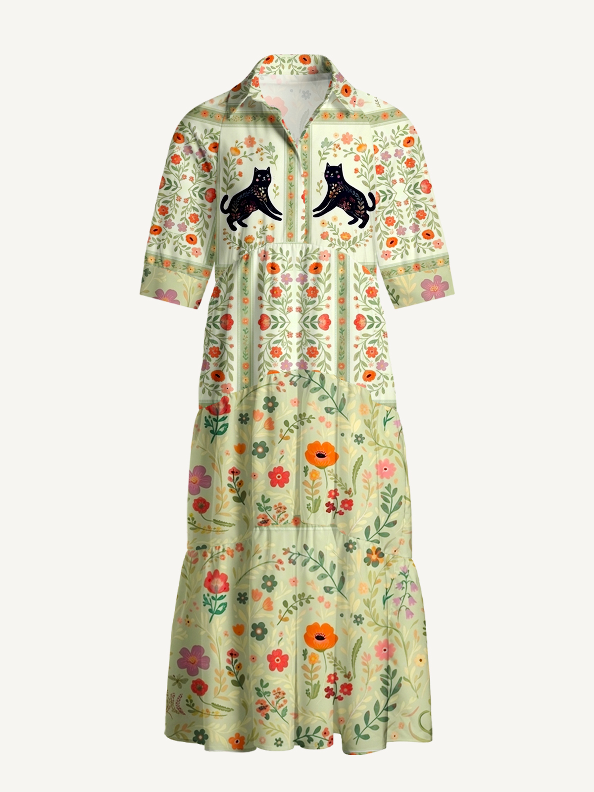 V Neck Collared Cream Garden Black Cat Print Casual Midi Dress With Pockets
