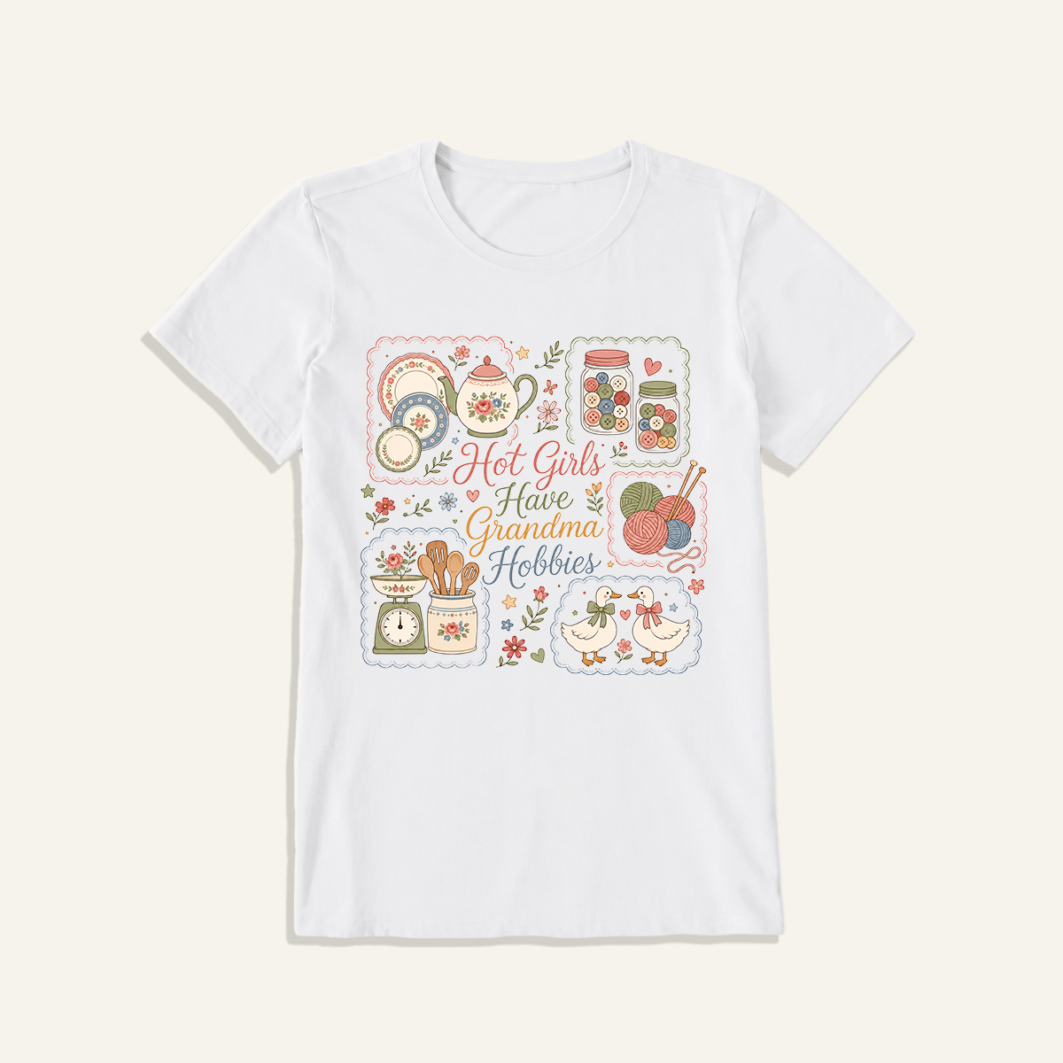 Grandma Hobbies Craft Cottage Print Crew Neck Cotton Tee