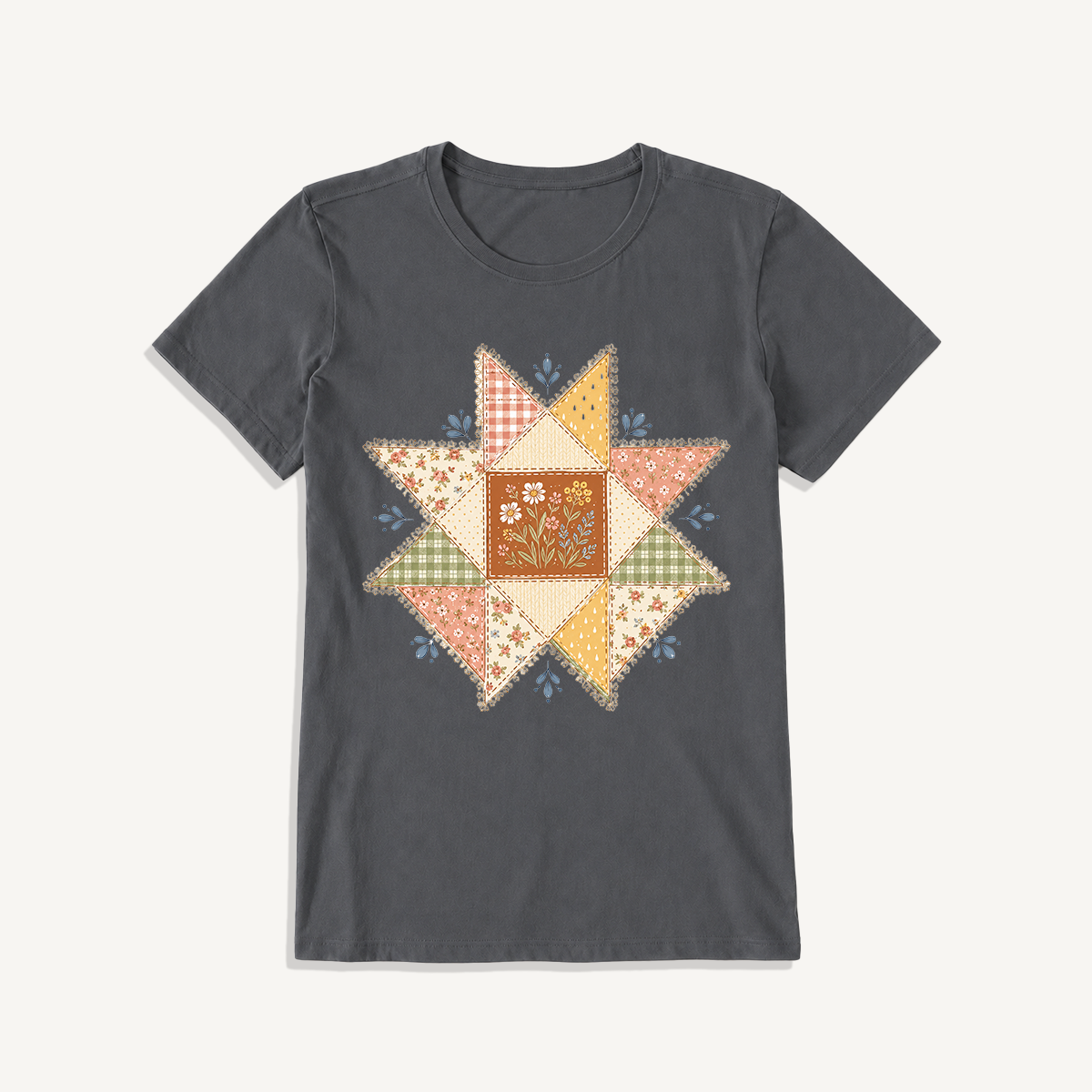 Vintage Quilt Star Meadow Print Crew Neck Cotton Tee