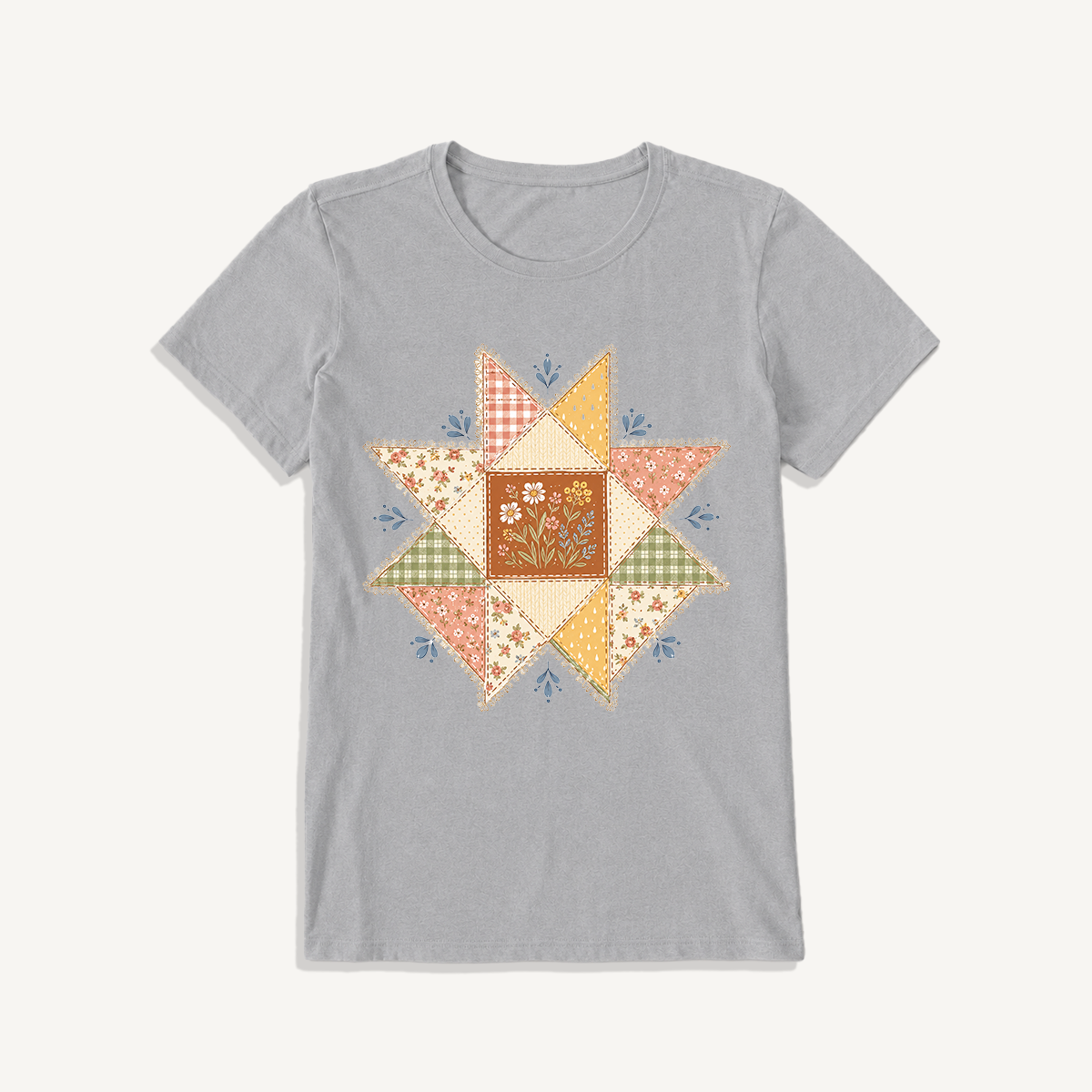 Vintage Quilt Star Meadow Print Crew Neck Cotton Tee