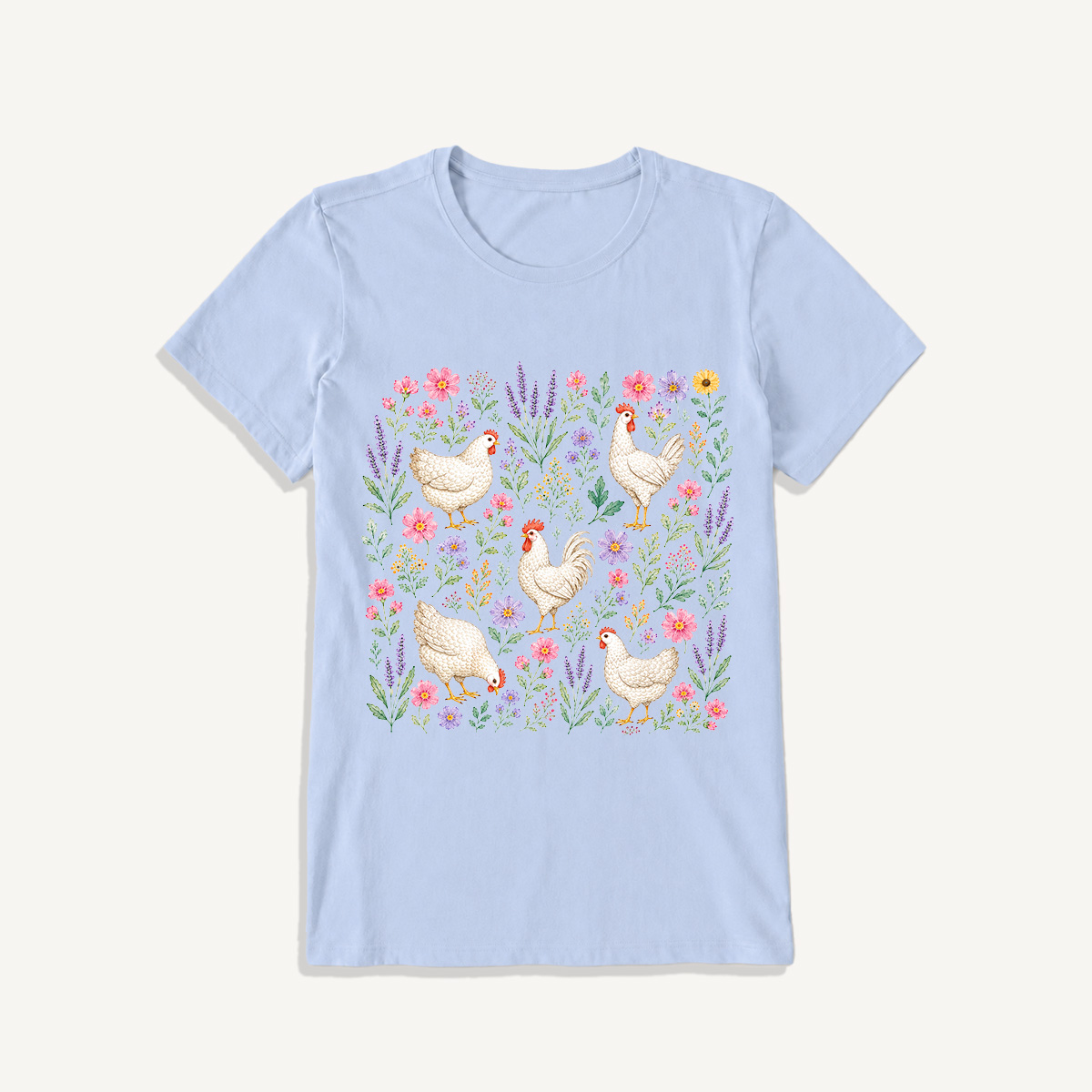Blooming White Chicken Meadow Print Crew Neck Cotton Tee