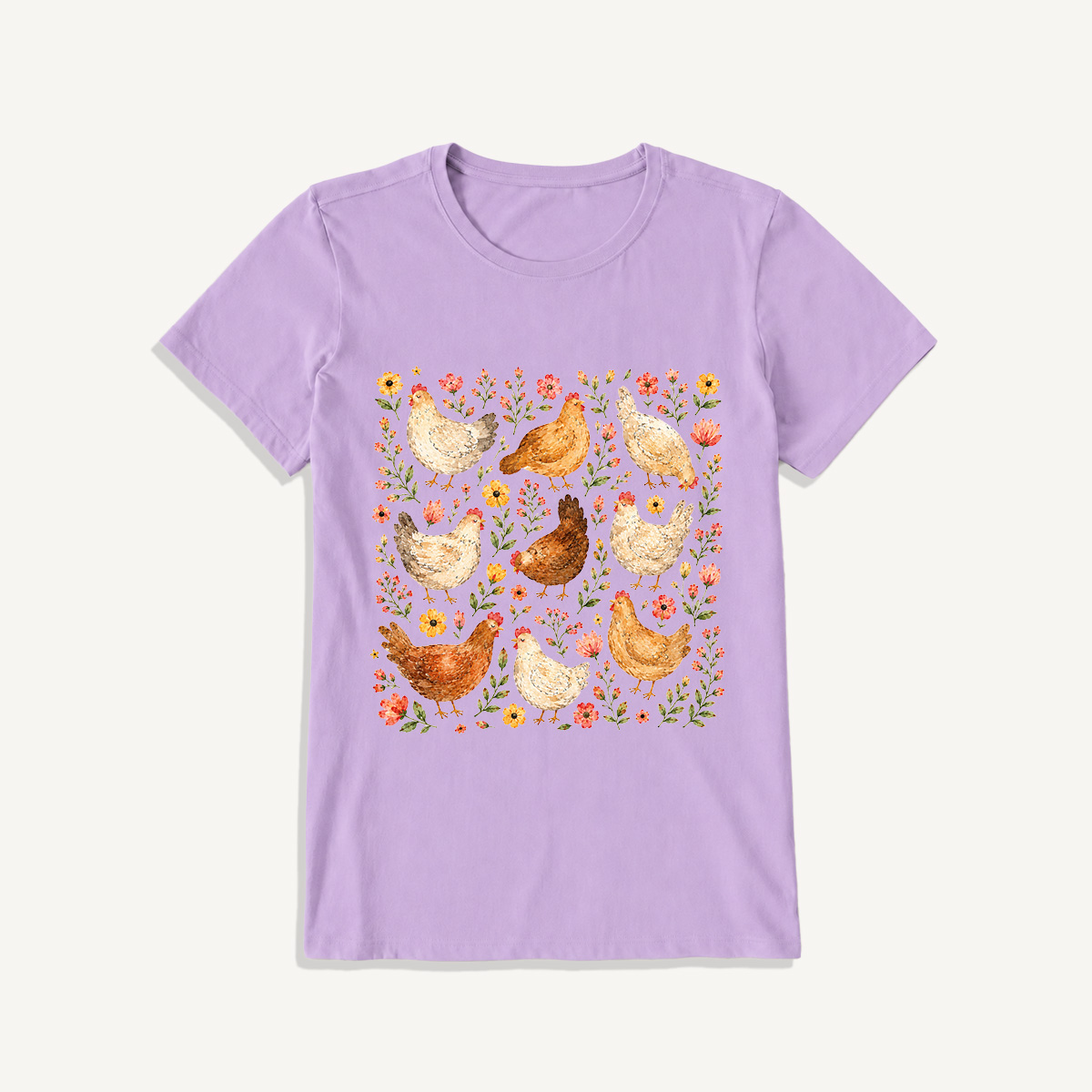 Country Chicken Wildflower Garden Print Crew Neck Cotton Tee