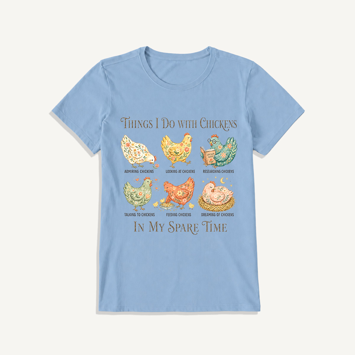 Floral Chicken Garden Life Print Crew Neck Cotton Tee