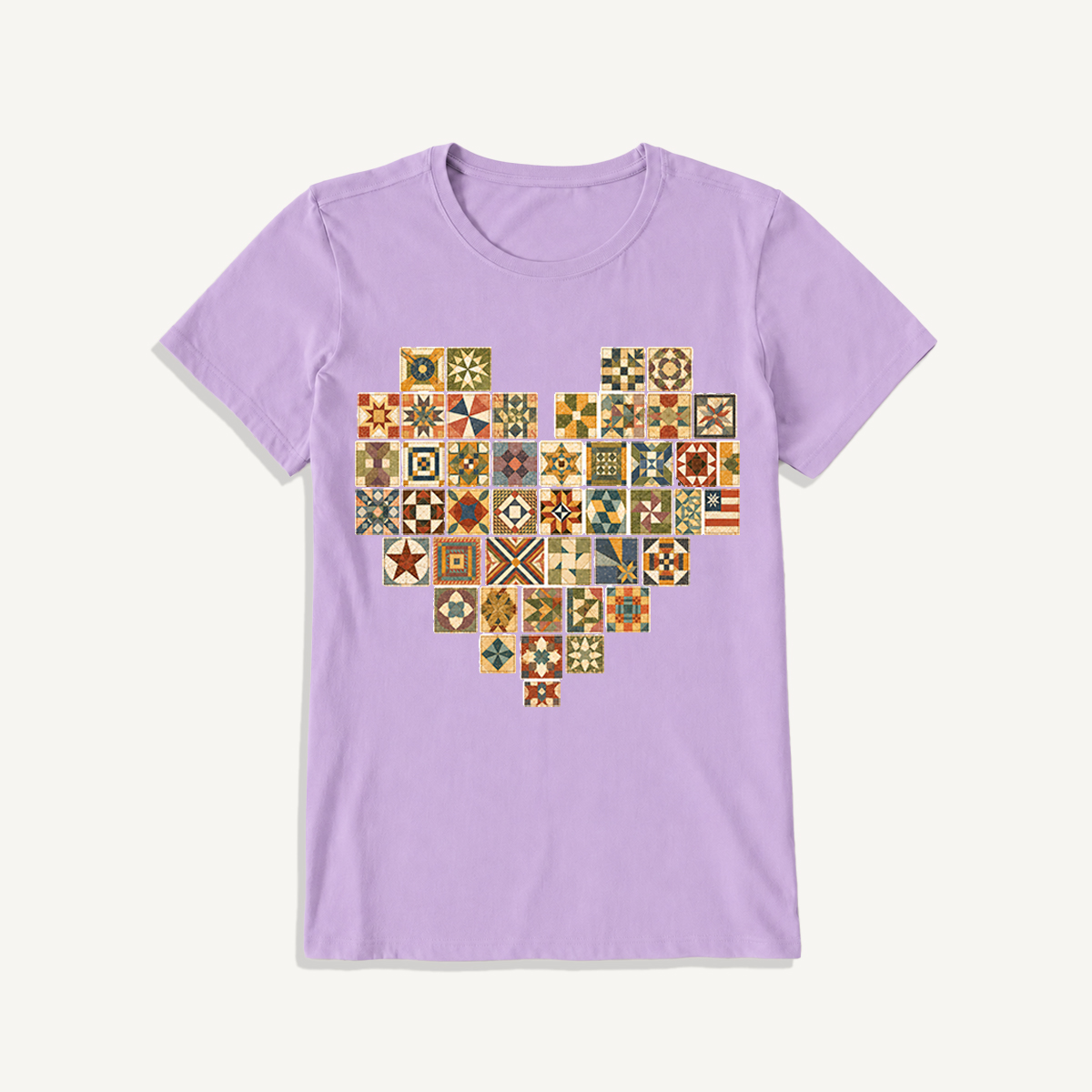 Vintage Quilt Block Heart Print Crew Neck Cotton Tee