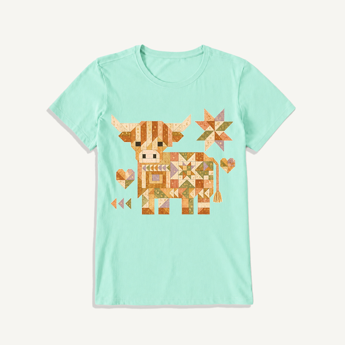 Highland Cow Quilt Art Print Crew Neck Cotton Tee