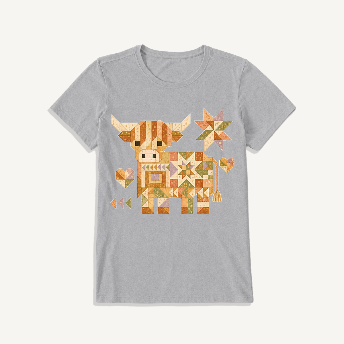 Highland Cow Quilt Art Print Crew Neck Cotton Tee