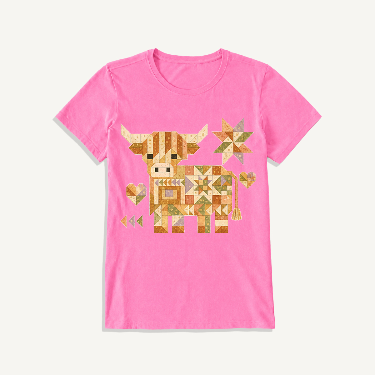 Highland Cow Quilt Art Print Crew Neck Cotton Tee