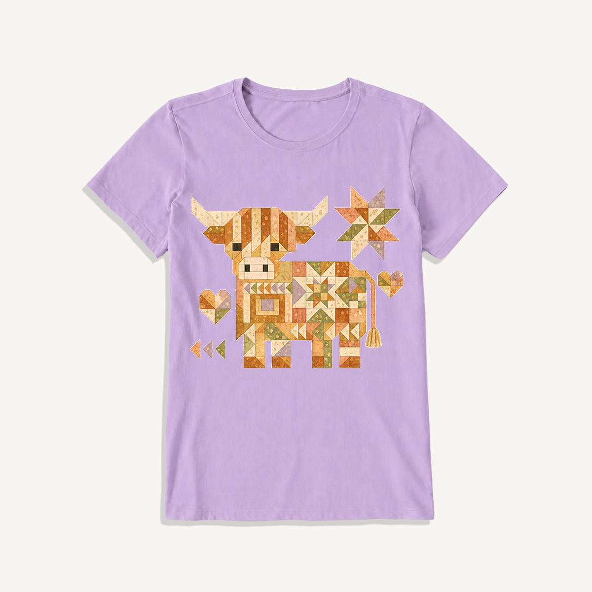 Highland Cow Quilt Art Print Crew Neck Cotton Tee