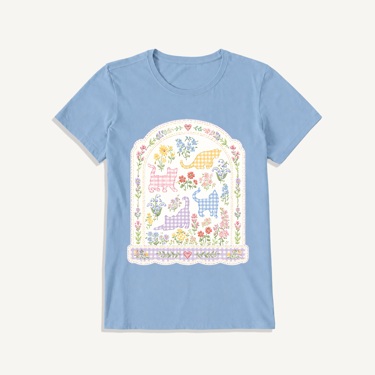 Gingham Cats Arch Frame Print Crew Neck Cotton Tee