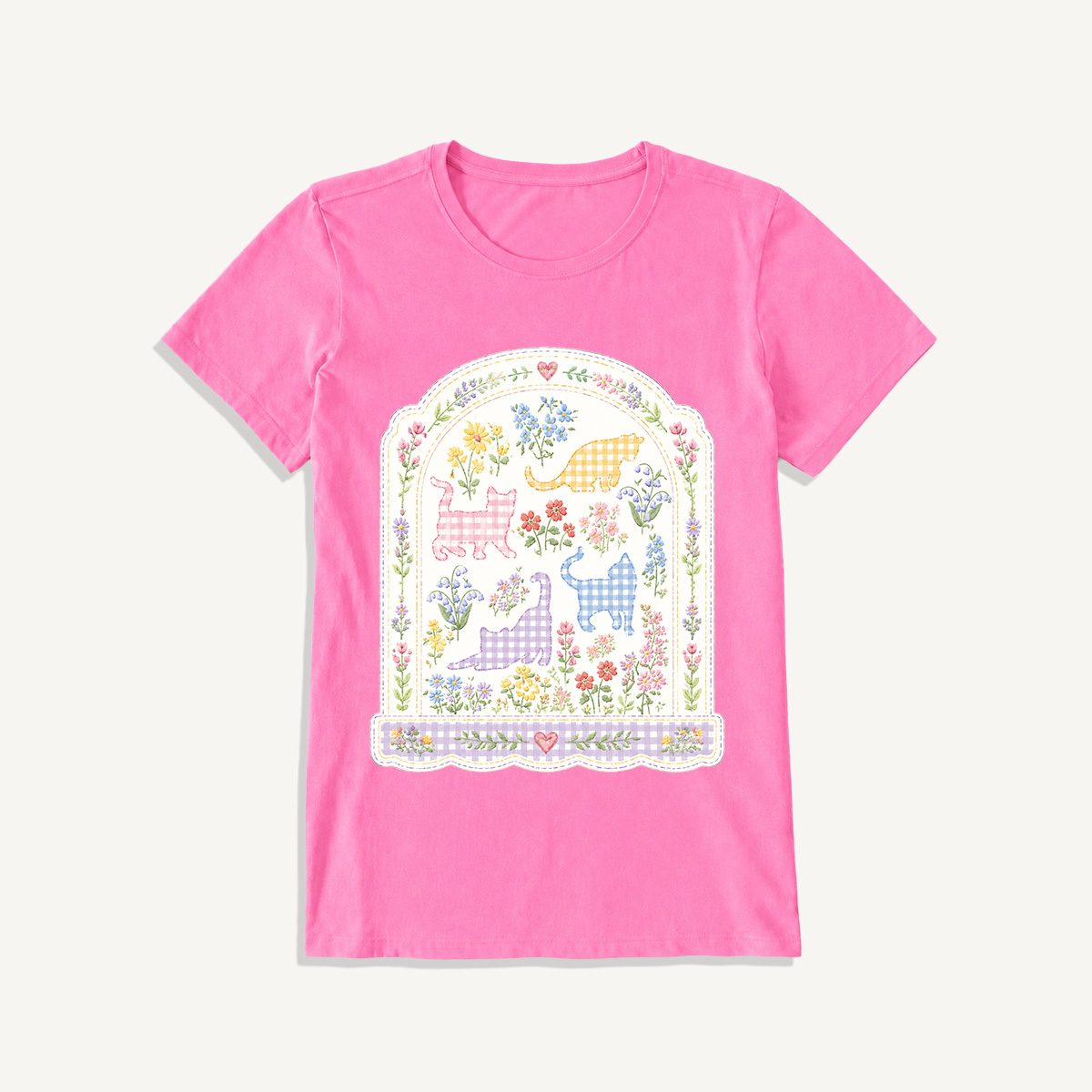 Gingham Cats Arch Frame Print Crew Neck Cotton Tee
