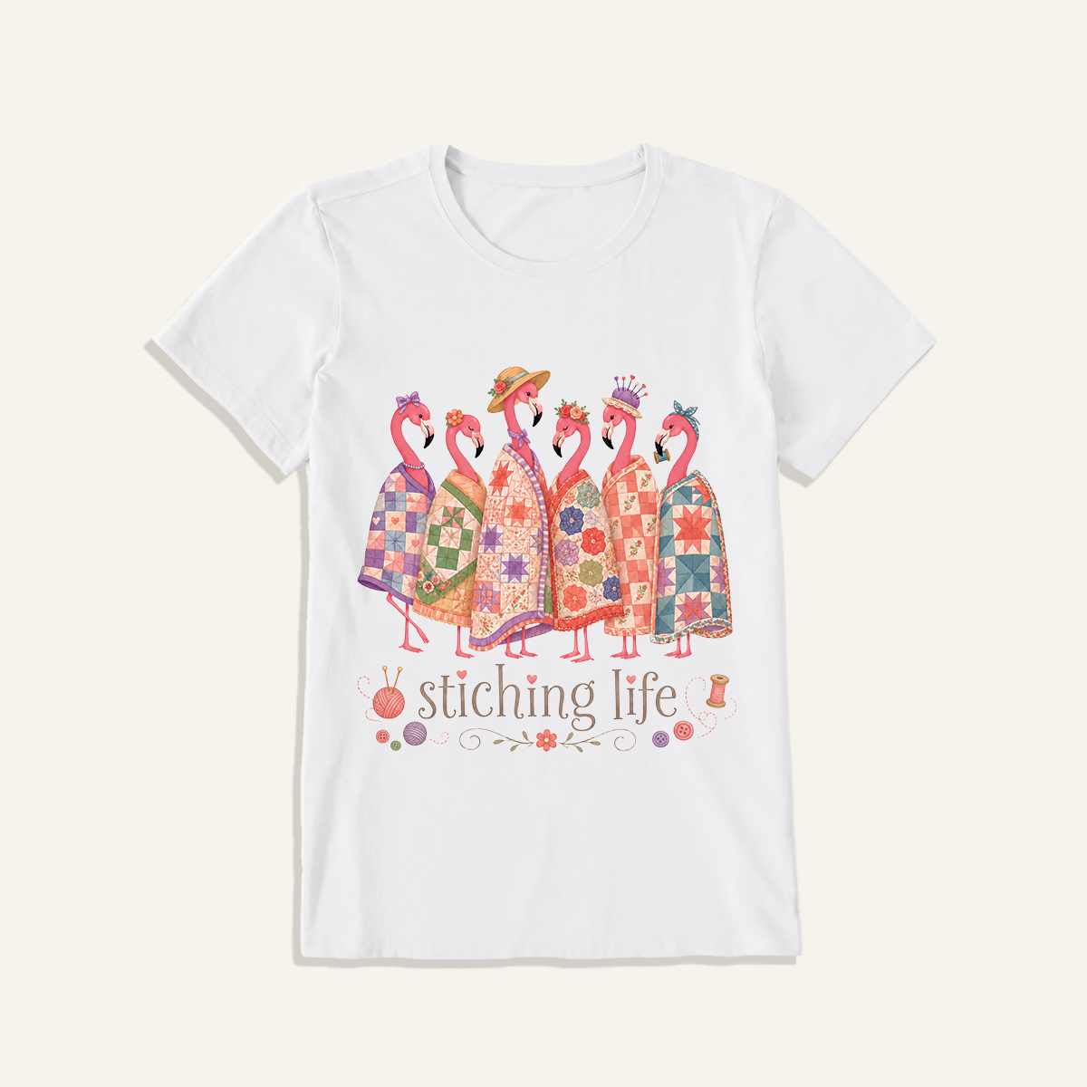Quilted Flamingo Craft Club Print Crew Neck Cotton Tee