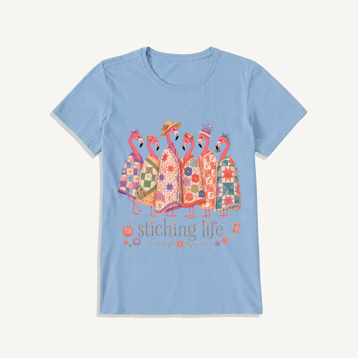 Quilted Flamingo Craft Club Print Crew Neck Cotton Tee