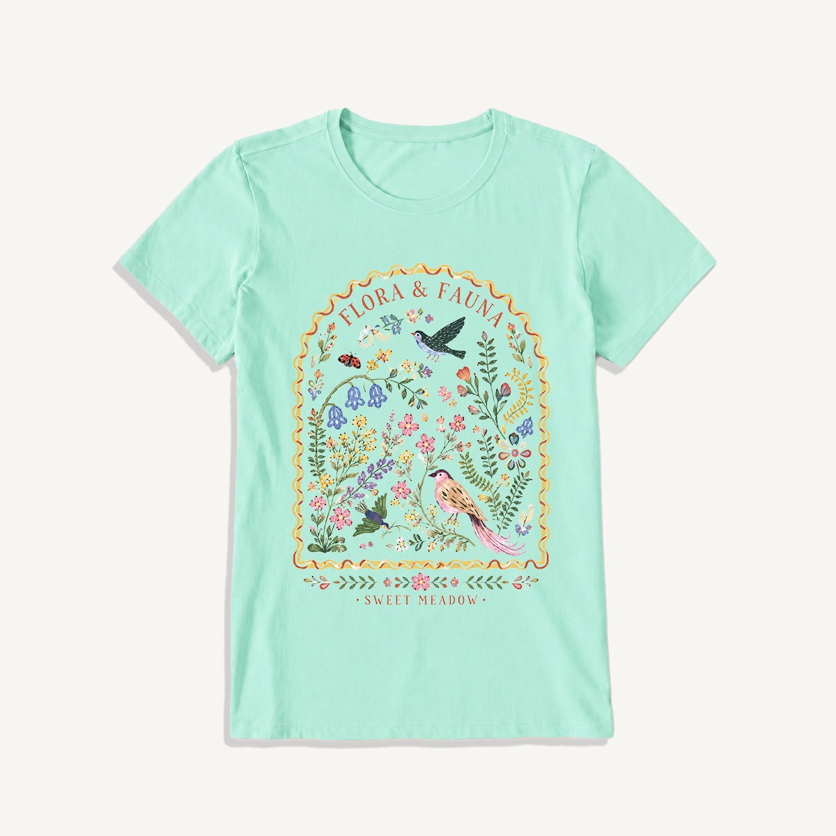 Folk Birds Sweet Meadow Print Crew Neck Cotton Tee