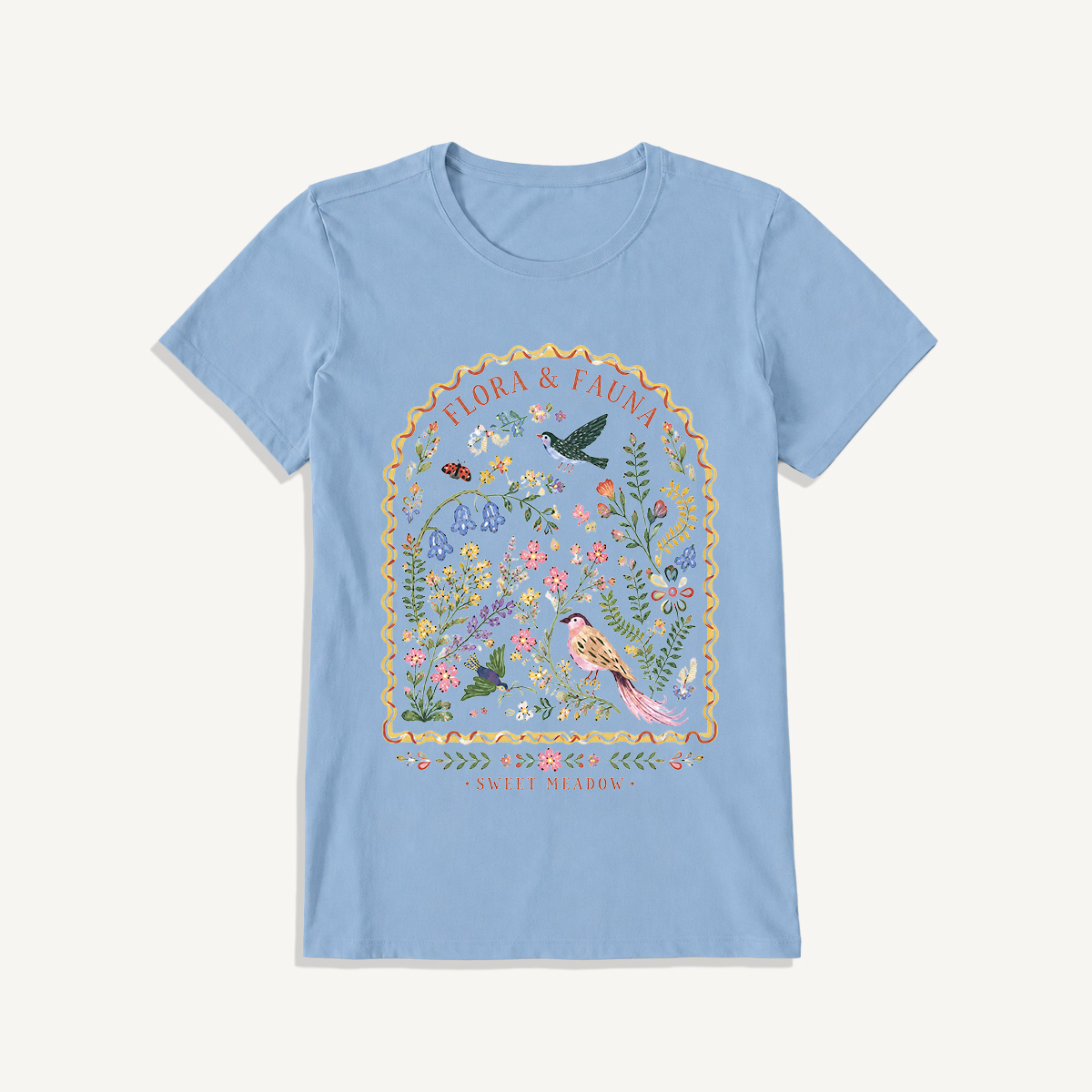 Folk Birds Sweet Meadow Print Crew Neck Cotton Tee