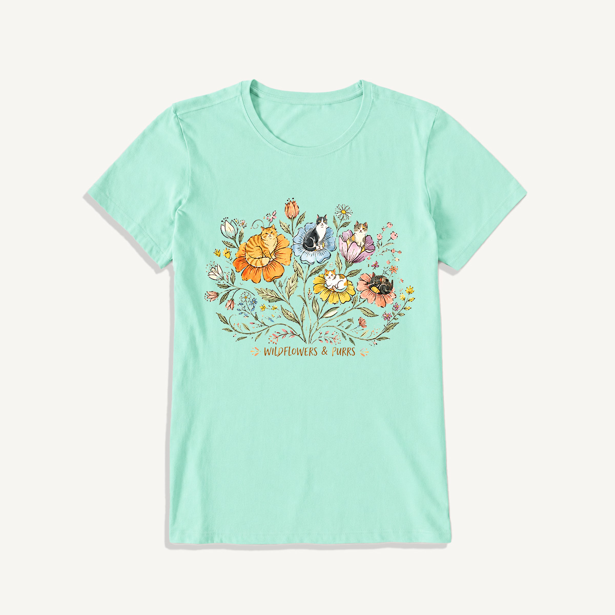 Wildflowers And Purrs Bloom Print Crew Neck Cotton Tee