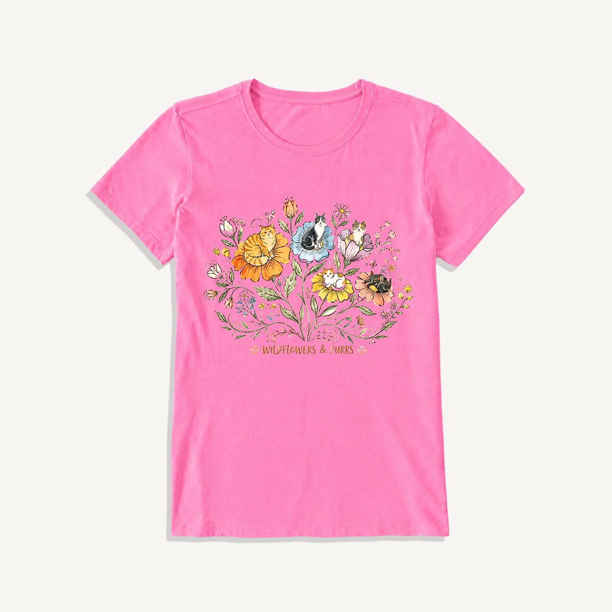 Wildflowers And Purrs Bloom Print Crew Neck Cotton Tee