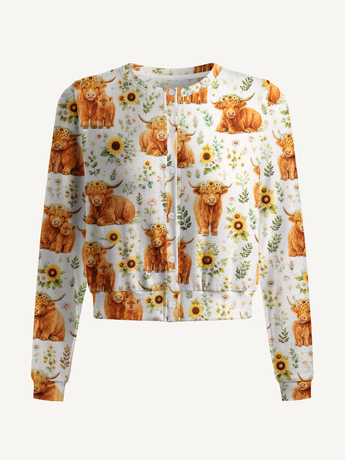 Lightweight Crew Neck Long‑Sleeve Cropped Spring Highland Cow Floral Print Fine‑Knit Cardigan