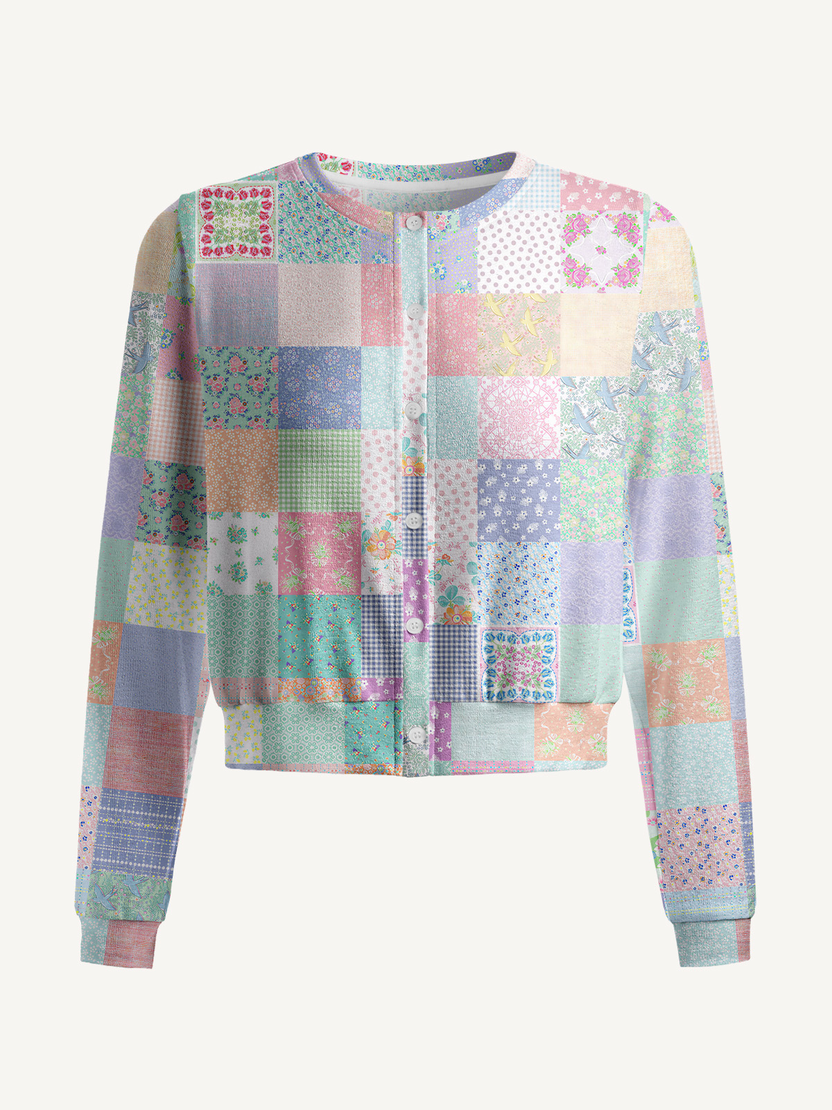 Lightweight Crew Neck Long‑Sleeve Cropped Vintage Quilt Patchwork Print Fine‑Knit Cardigan