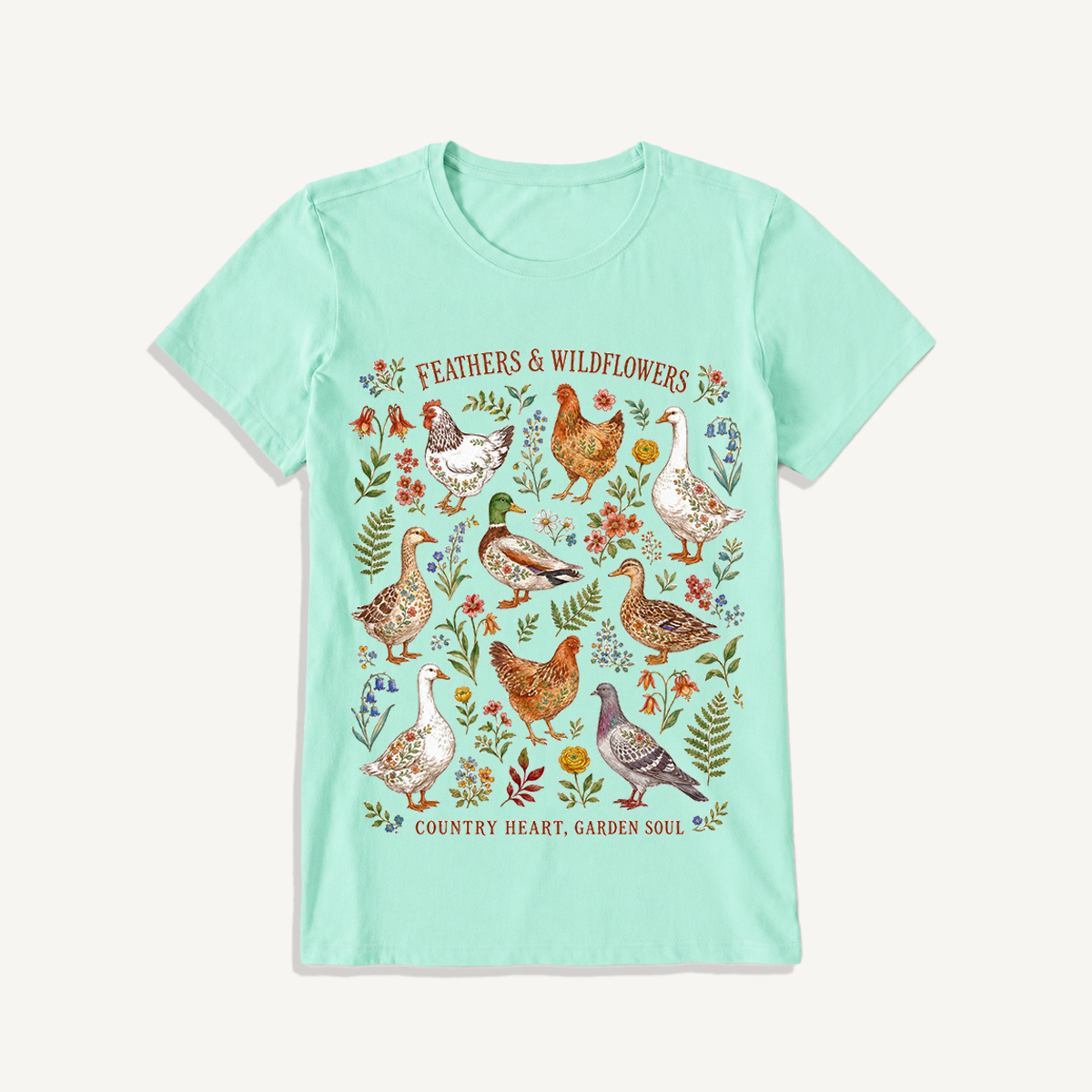 Feathers & Wildflowers Print Crew Neck Cotton Tee