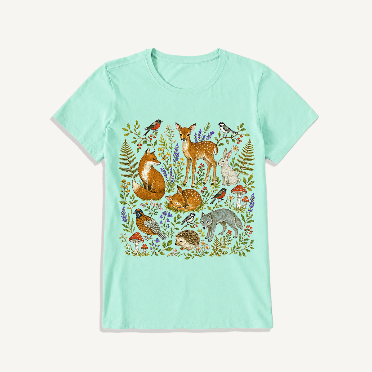 Woodland Garden Friends Print Crew Neck Cotton Tee