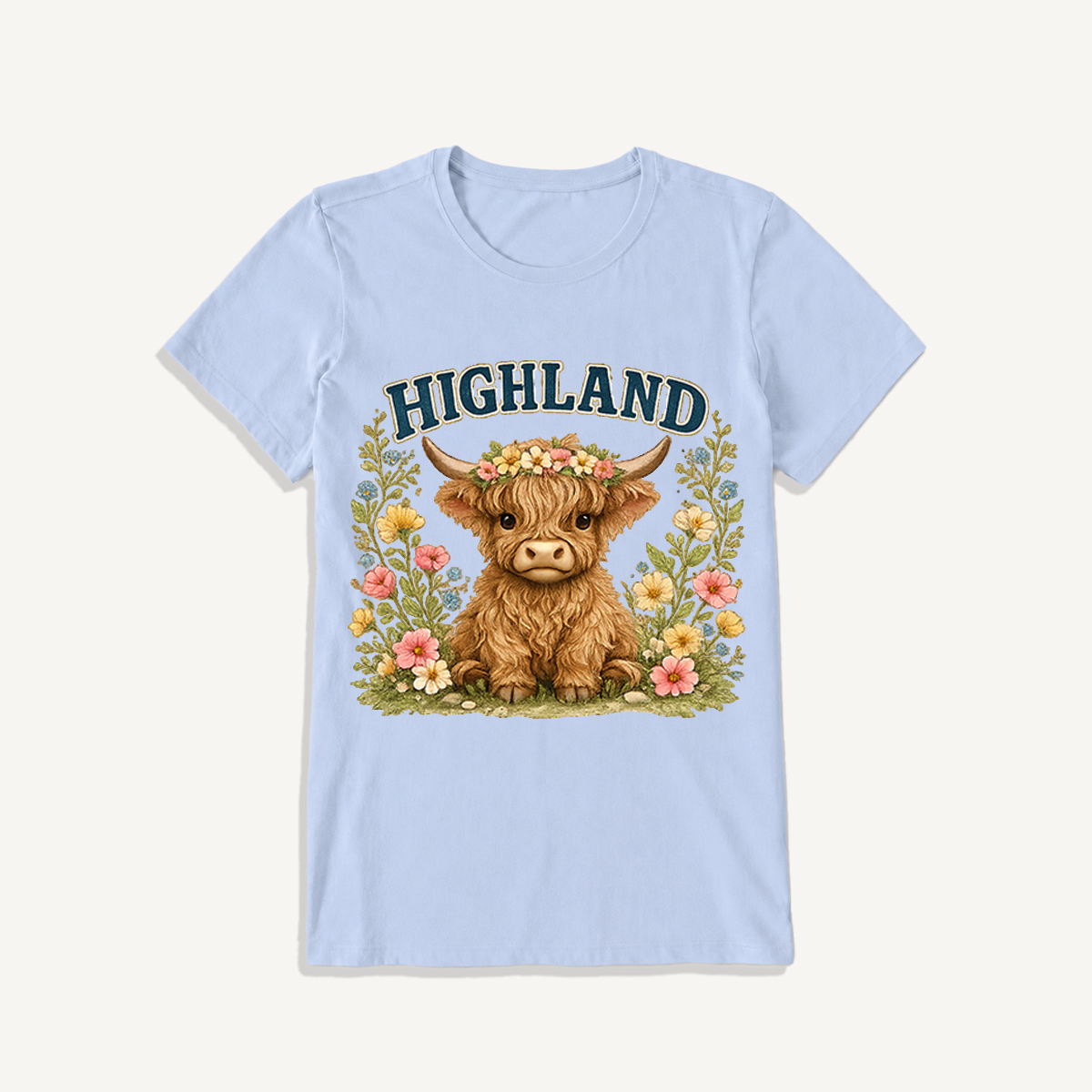 Highland Cow Wildflower Print Crew Neck Cotton Tee