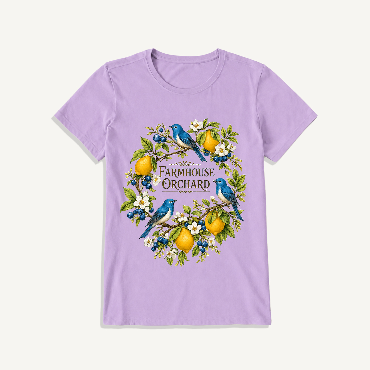 Farmhouse Orchard Bluebirds Print Crew Neck Cotton Tee