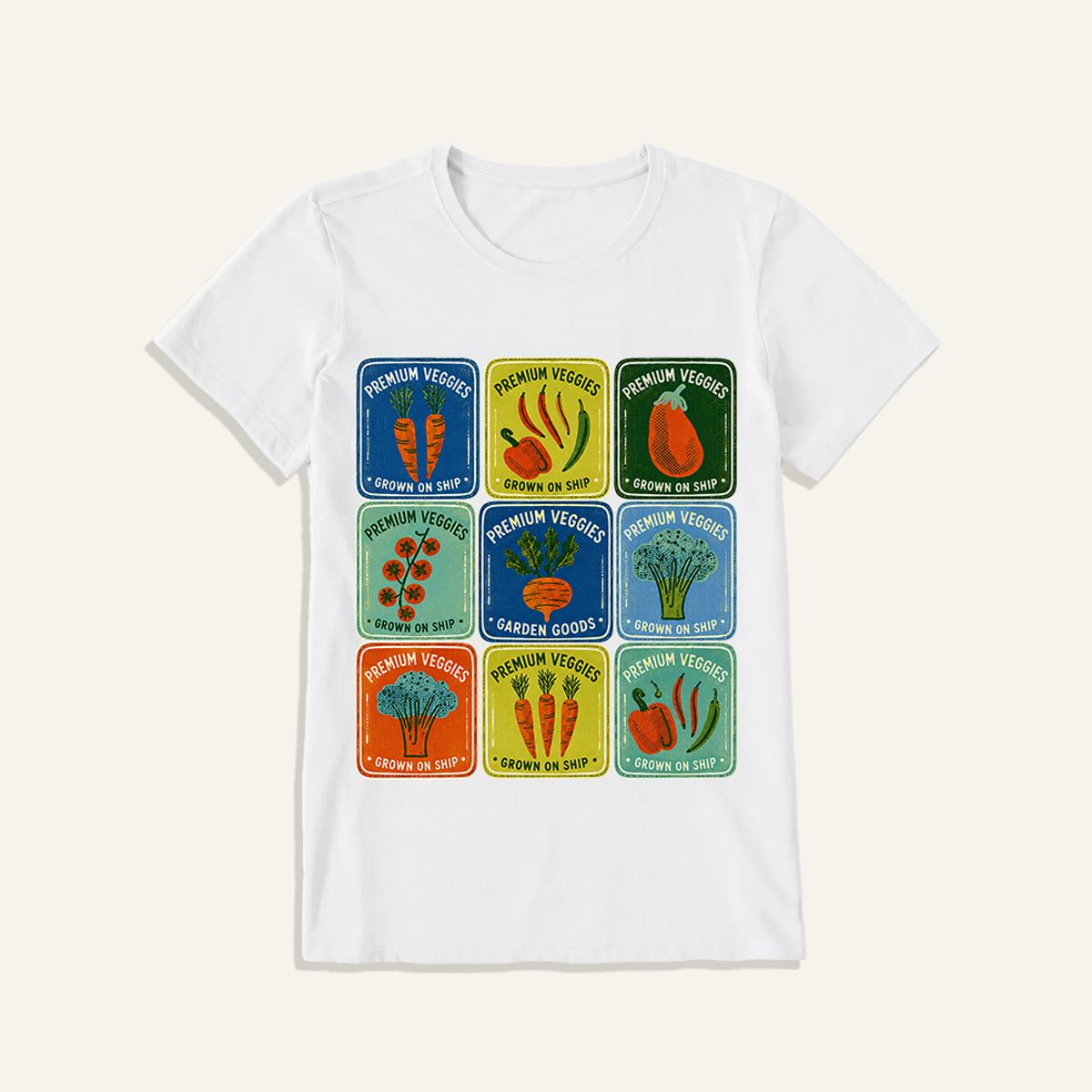 Vintage Veggie Market Print Crew Neck Cotton Tee
