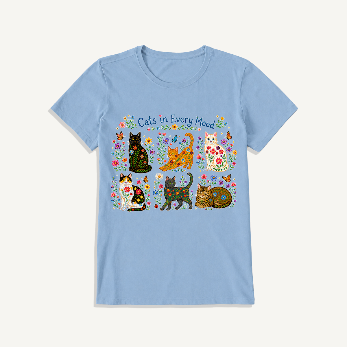 Cats in Every Mood Print Crew Neck Cotton Tee