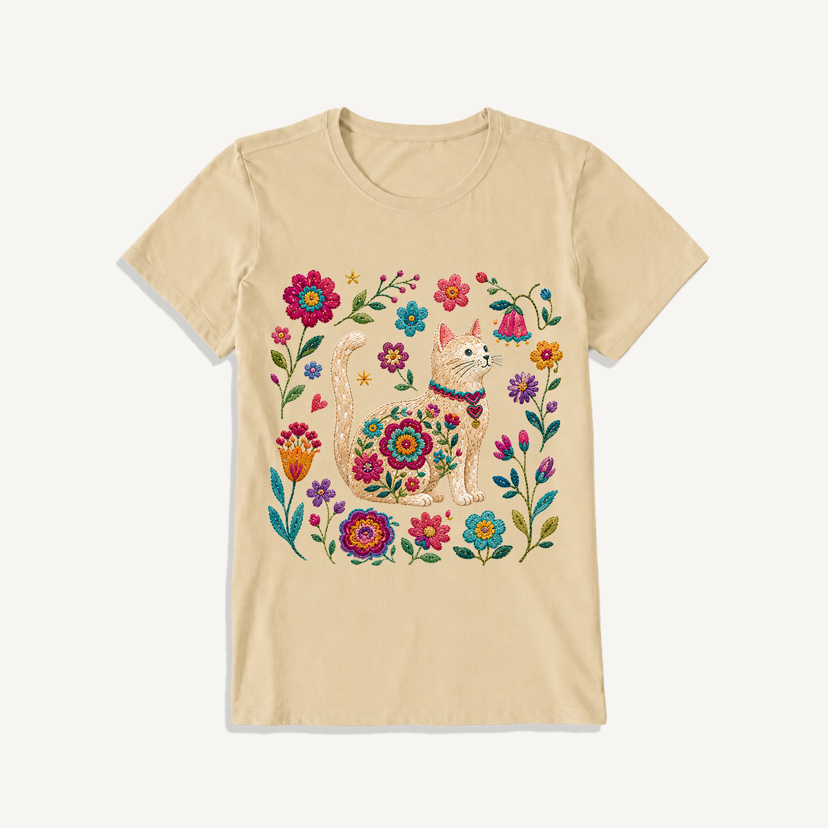 Embroidered Floral Cat Print Crew Neck Cotton Tee