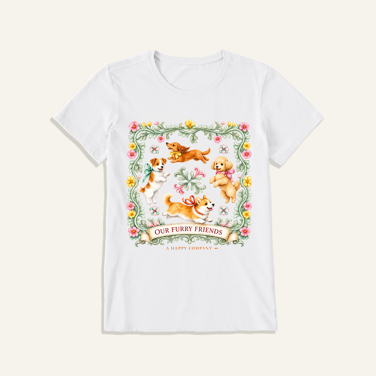 Playful Furry Friends Print Crew Neck Cotton Tee