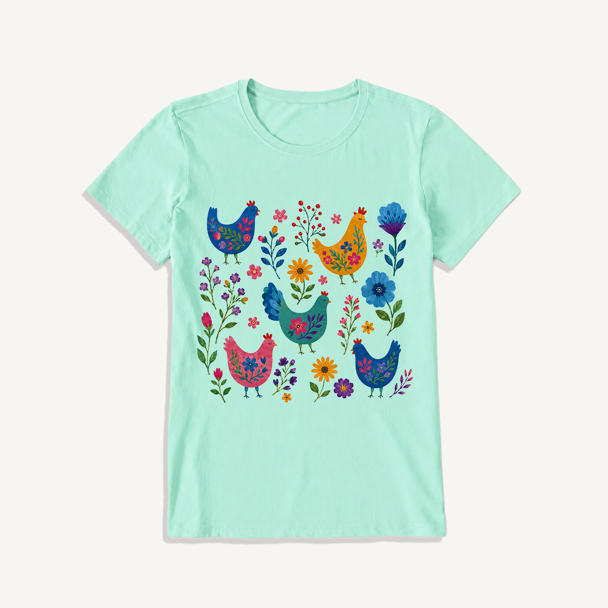 Colorful Folk Hens Print Crew Neck Cotton Tee