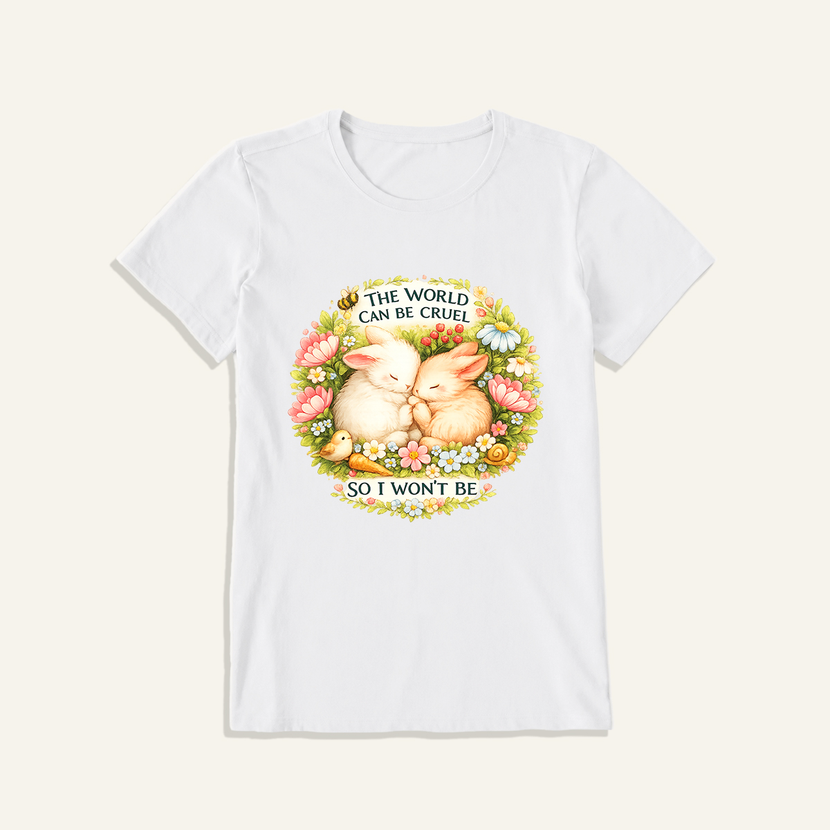Gentle Bunny Embraces Print Crew Neck Cotton Tee