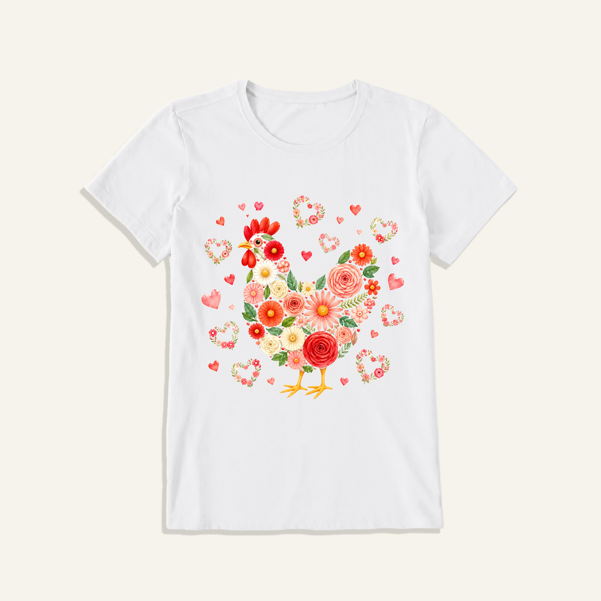 Blooms Floral Chicken Print Crew Neck Cotton Tee