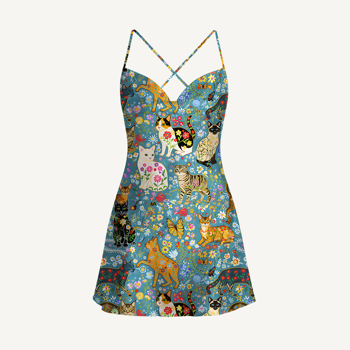 Colorful Garden Cat Satin Cross Back Mini Dress