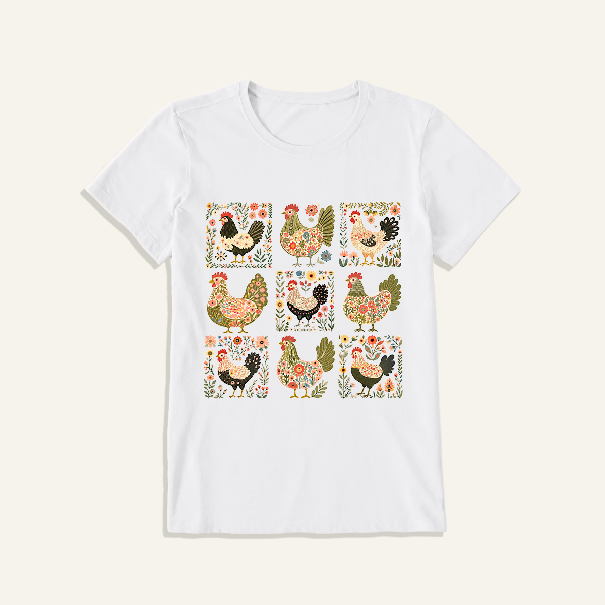 Folk Hen Grid Print Crew Neck Cotton Tee