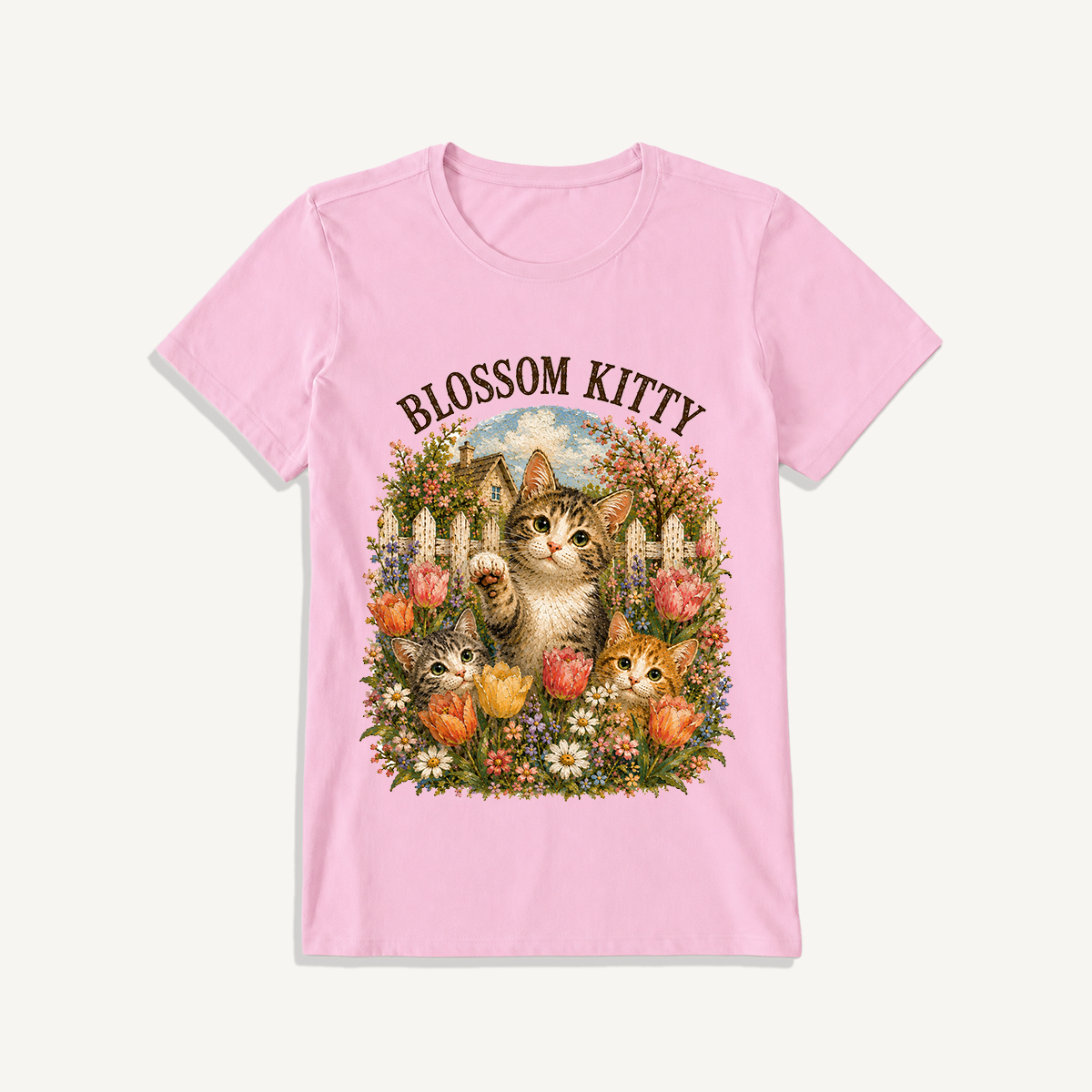 Blossom Kitty Cottage Print Crew Neck Cotton Tee
