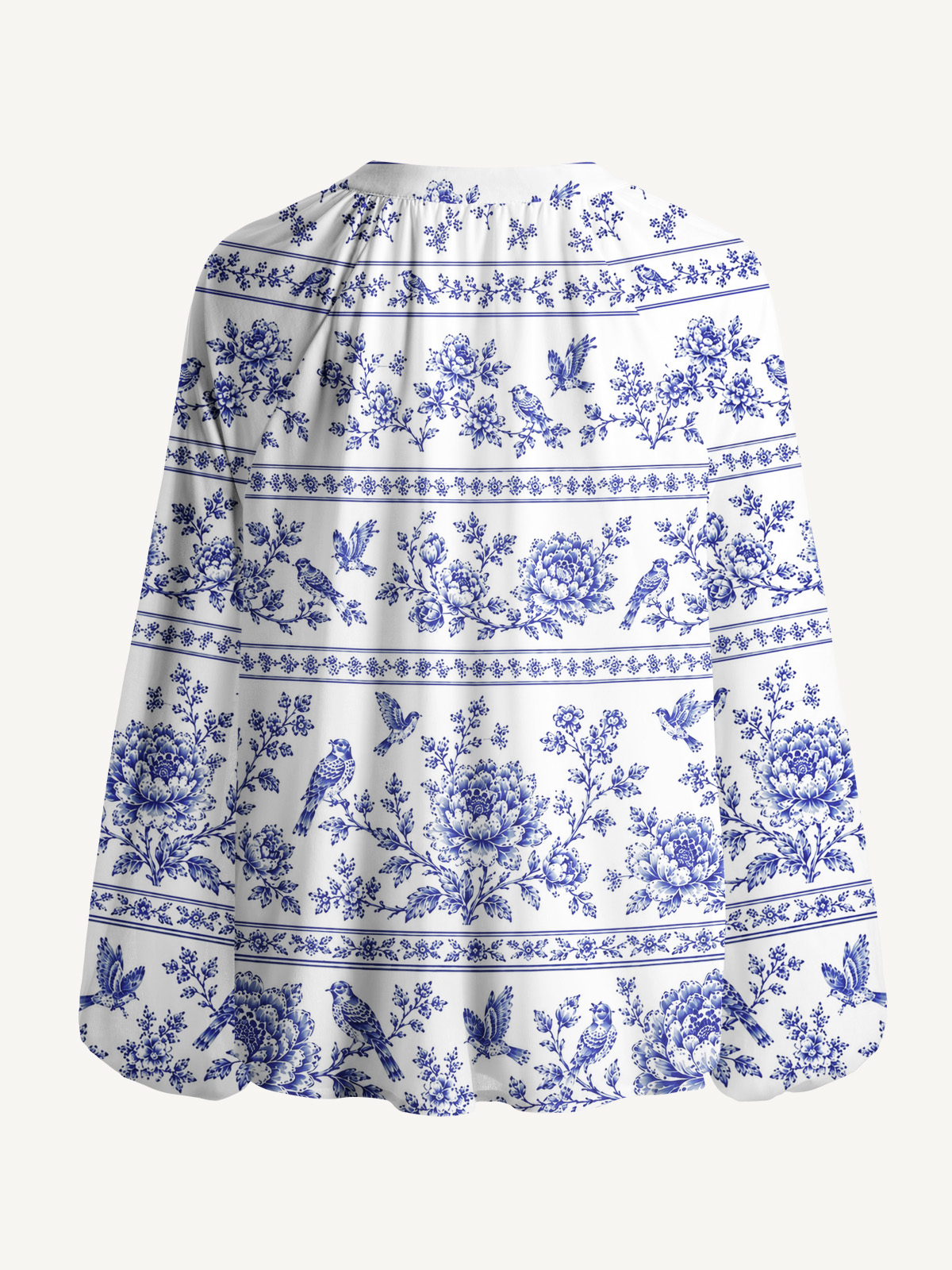 Bluebird Blossom Toile Print Boho Long Sleeve Tie‑Neck Blouse