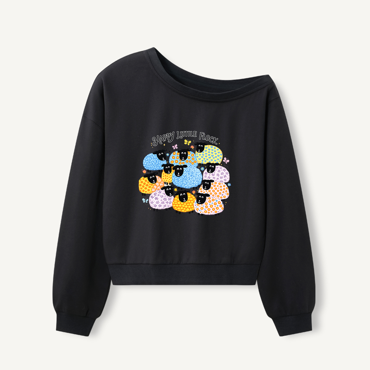 Colorful Happy Flock Print Off Shoulder Sweatshirts 