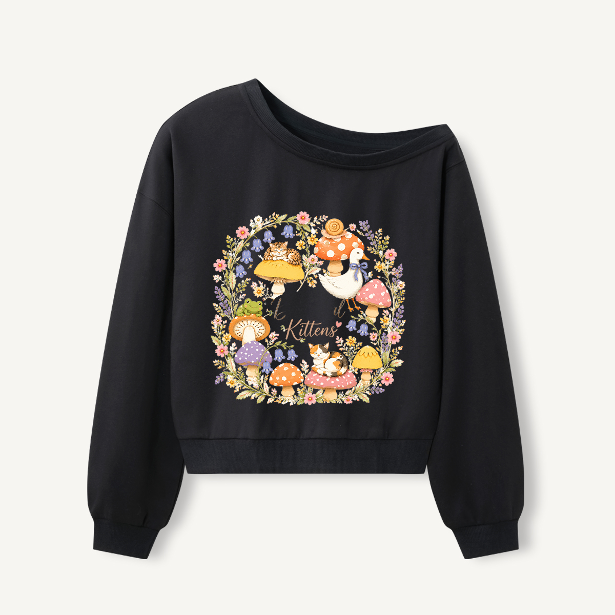 Botanical Kittens Mushroom Wreath Print Off Shoulder Sweatshirts 