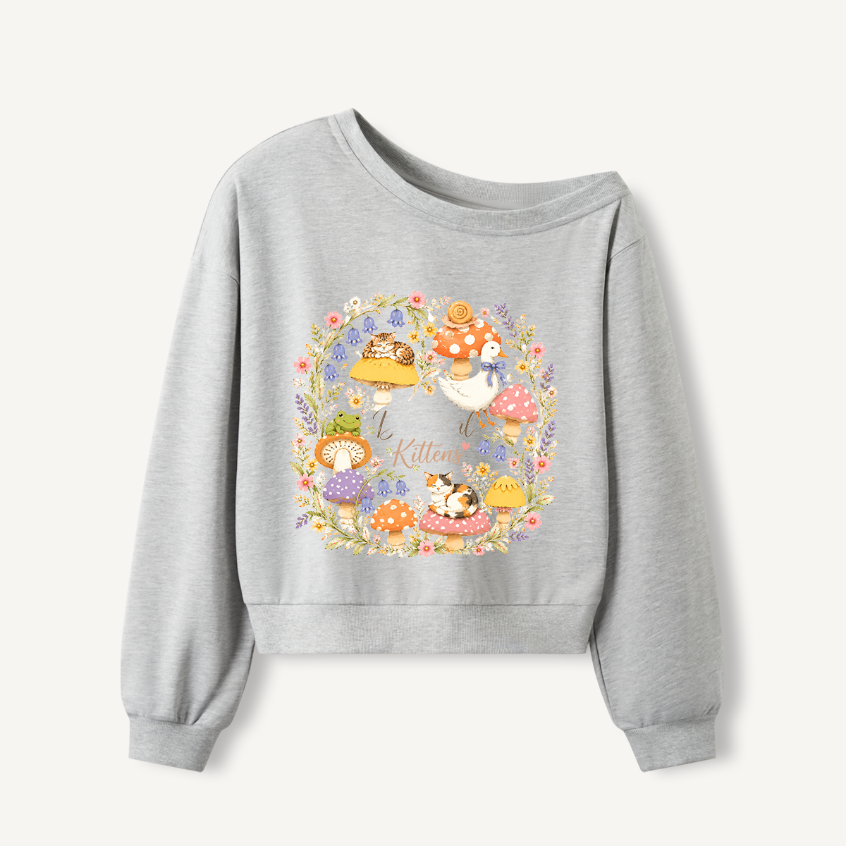 Botanical Kittens Mushroom Wreath Print Off Shoulder Sweatshirts 
