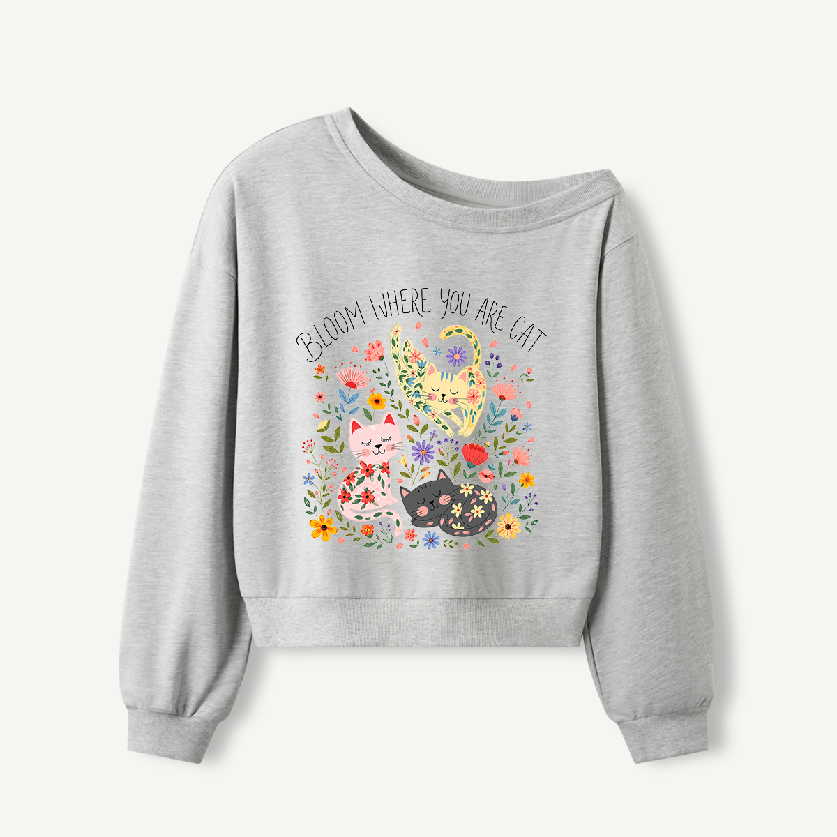 Floral Feline Bloom Print Off Shoulder Sweatshirts 