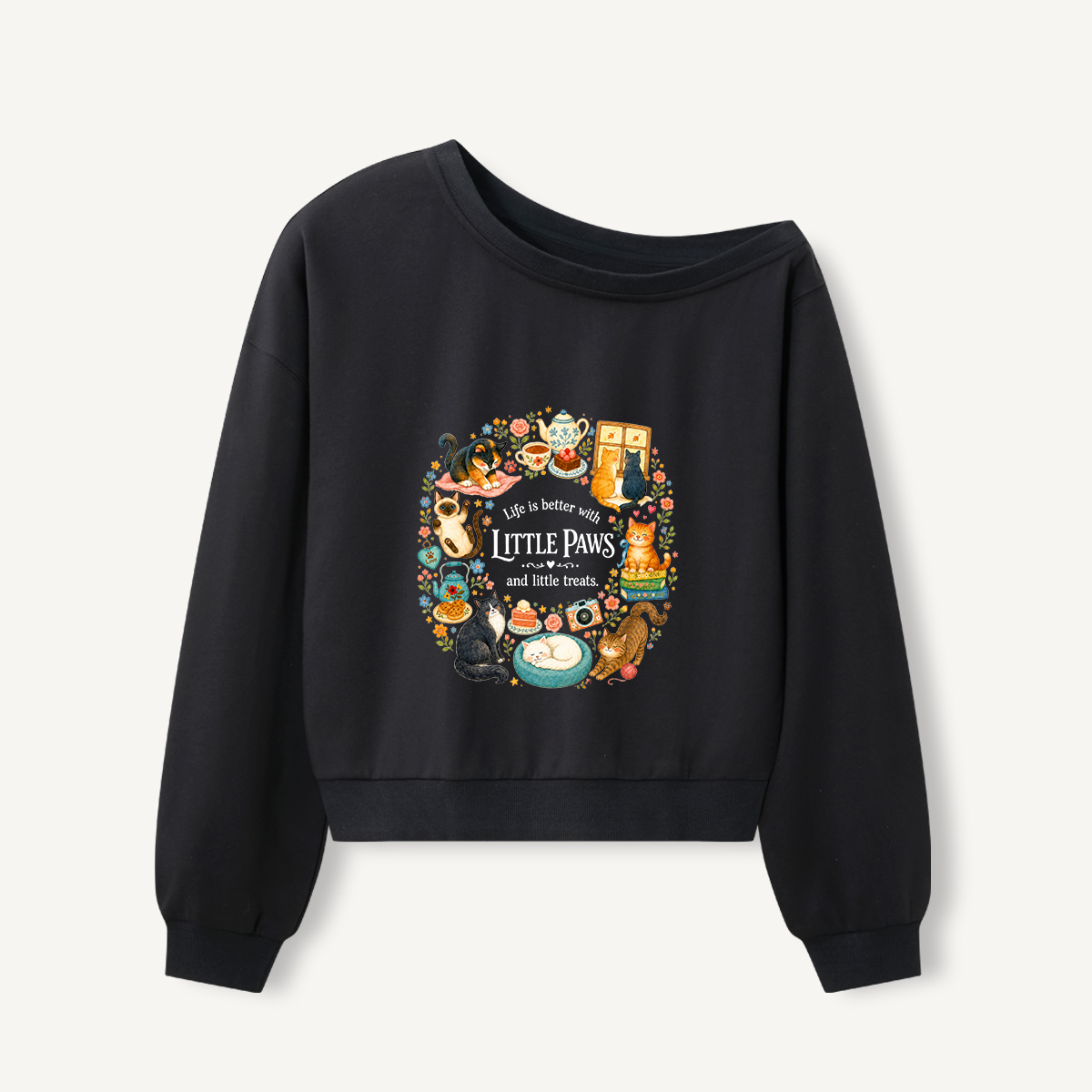 Cozy Cat Life Print Off Shoulder Sweatshirts 