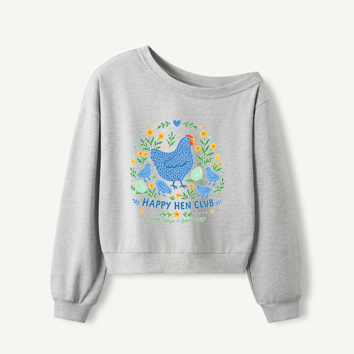 Blue Hen and Chicks Garden Print Off Shoulder Sweatshirts 