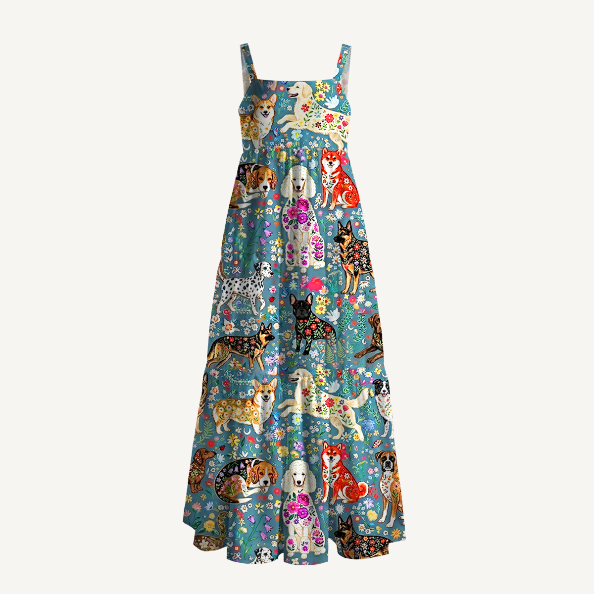 Cute Flower Dog Print Wide Straps Maxi Dress With Pockets