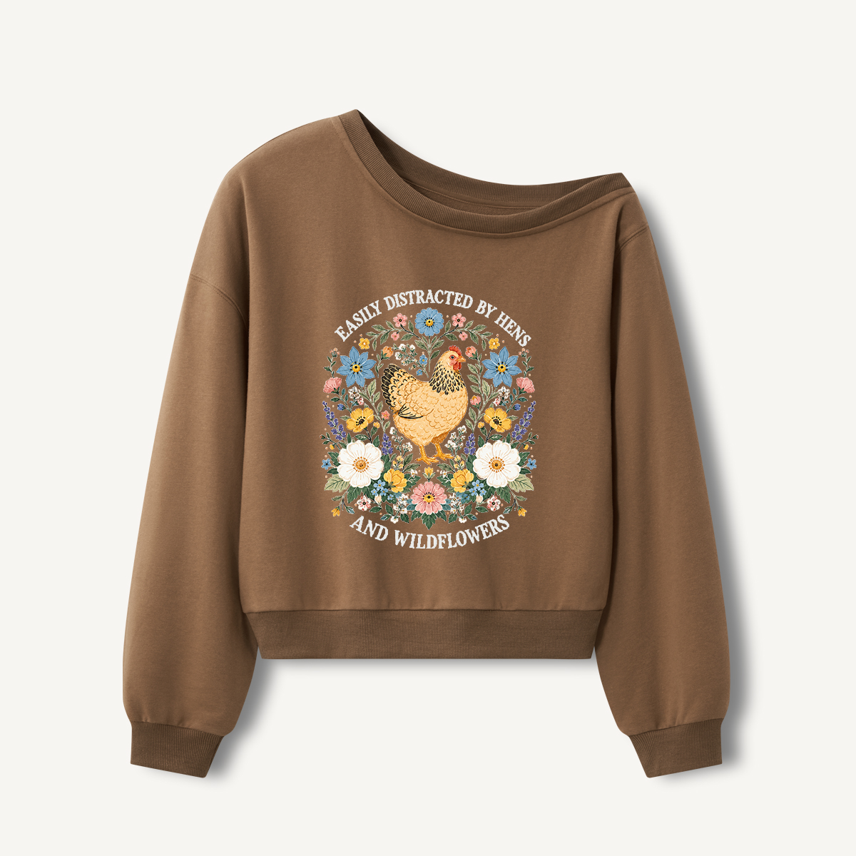Hen and Wildflowers Cottage Print Off Shoulder Sweatshirts 