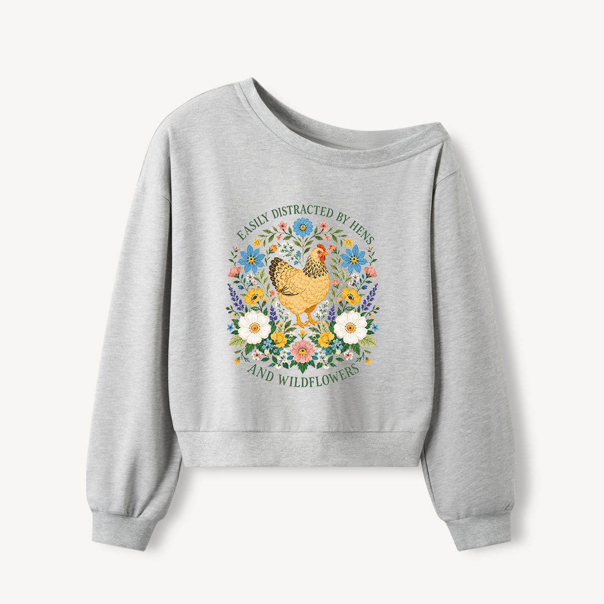 Hen and Wildflowers Cottage Print Off Shoulder Sweatshirts 