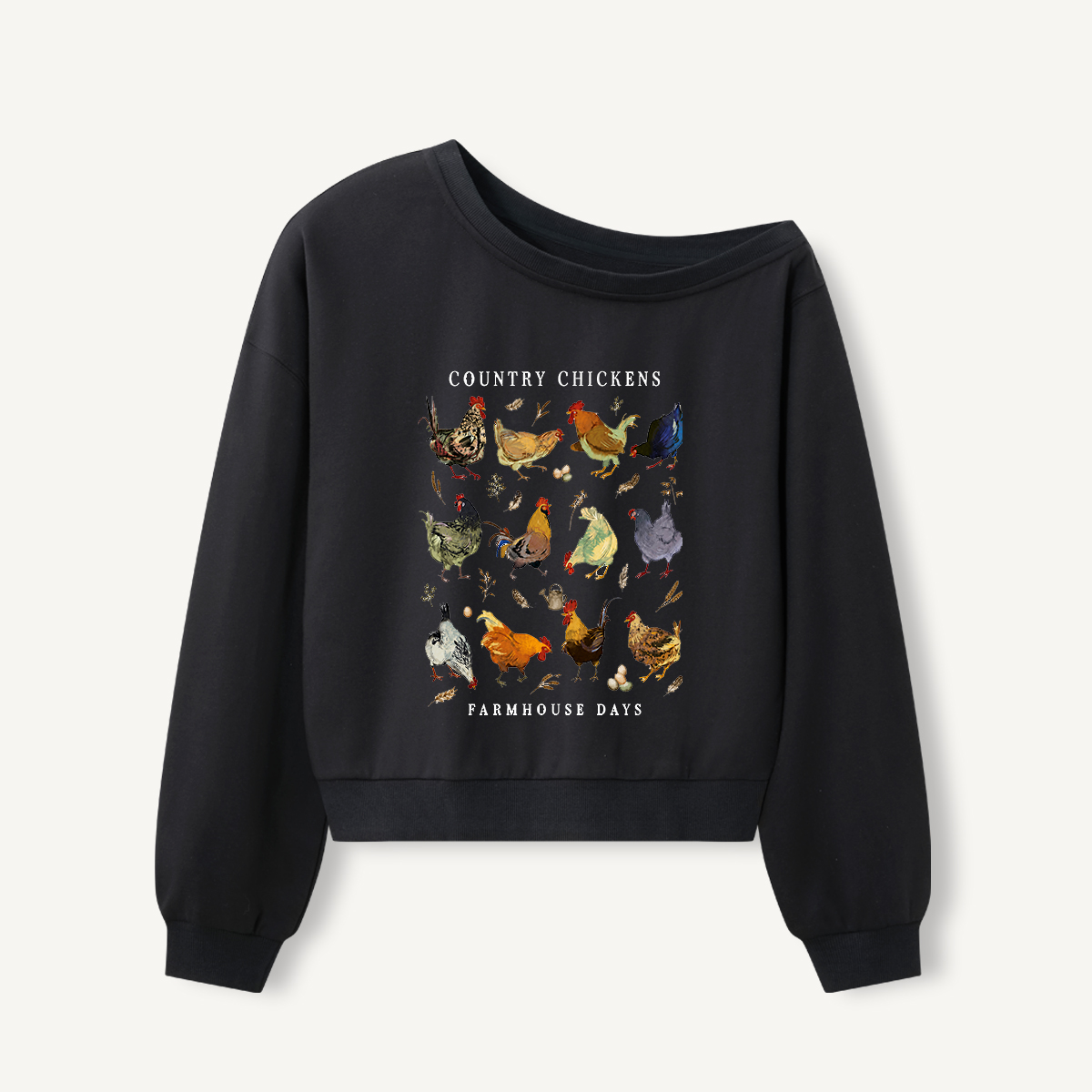 Country Chicken Farmhouse Collection Print Off Shoulder Sweatshirts 