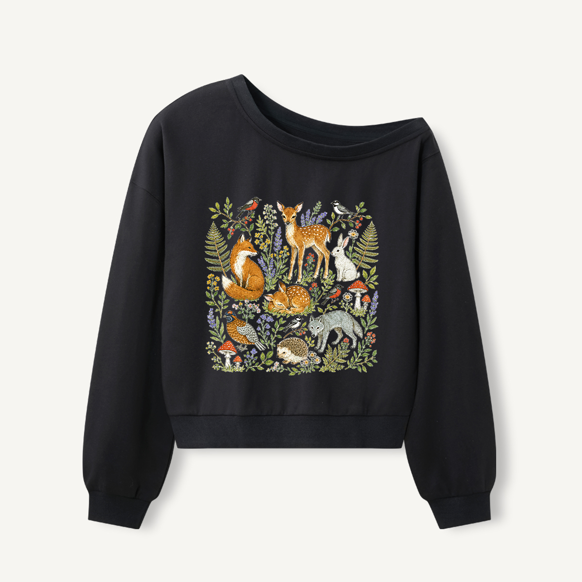 Woodland Garden Friends Print Off Shoulder Sweatshirts 
