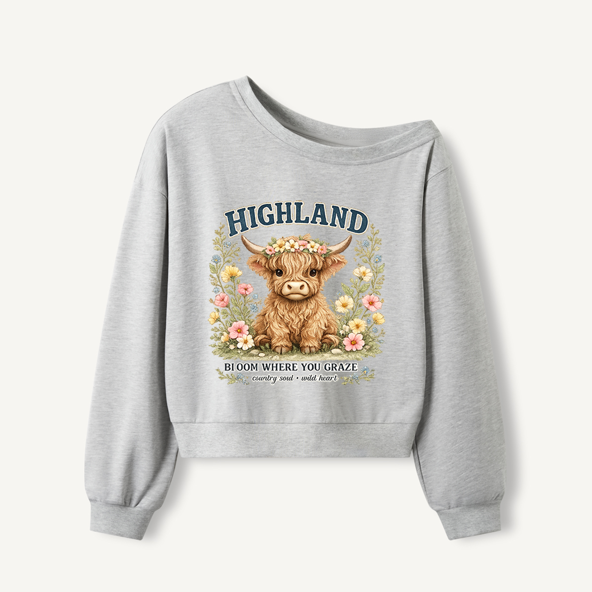 Highland Cow Wildflower Print Off Shoulder Sweatshirts 