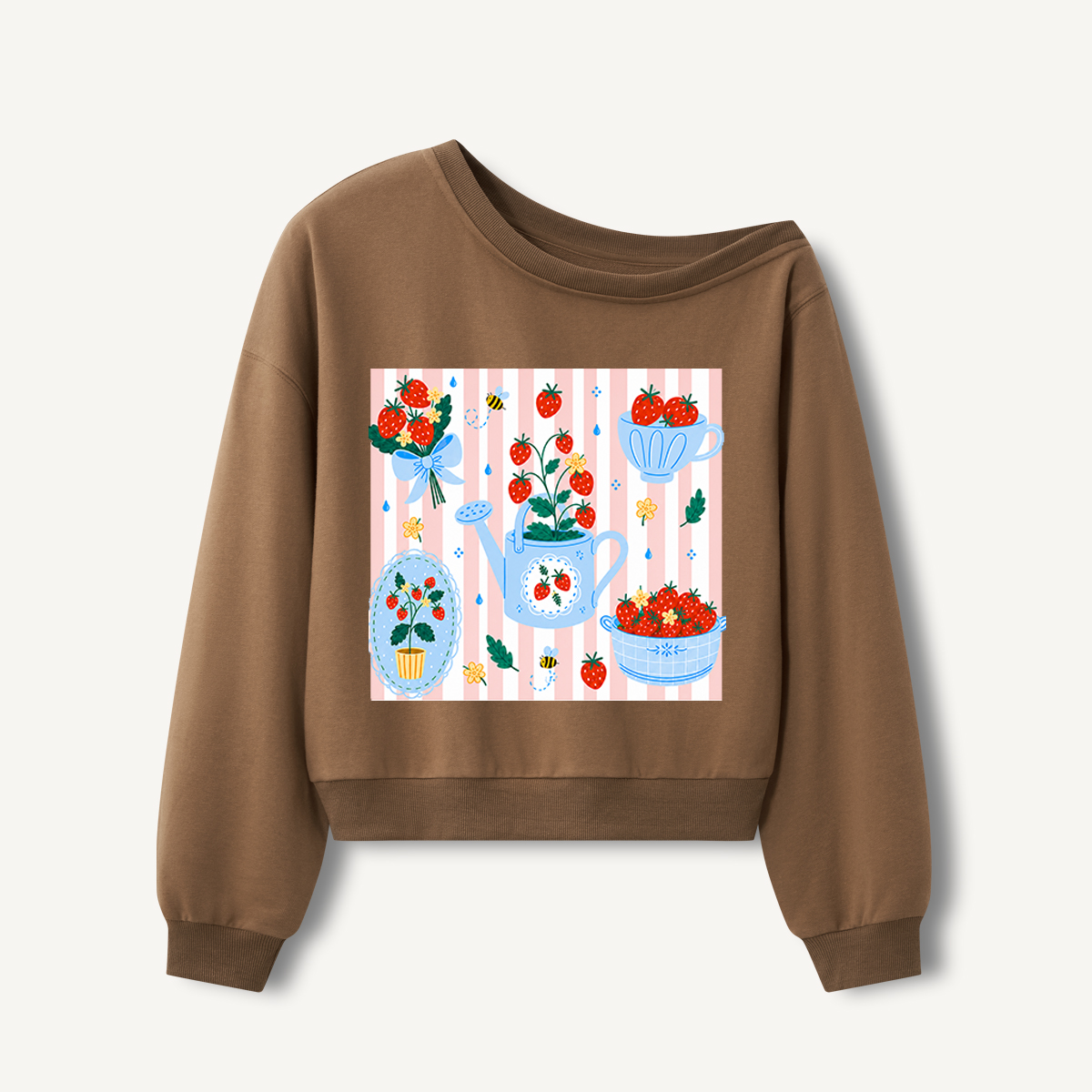 Strawberry Garden Harvest Print Off Shoulder Sweatshirts 